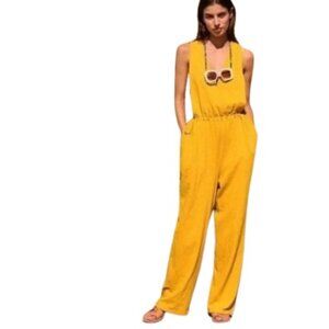 Free People Beach Womens Let's Chill Wide Leg  Jumpsuit in Mustard Yellow Knit S